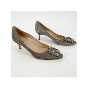 Manolo Blahnik Hangisi Glitter Silver Gold Fabric Crystal Buckle Pumps IT 37